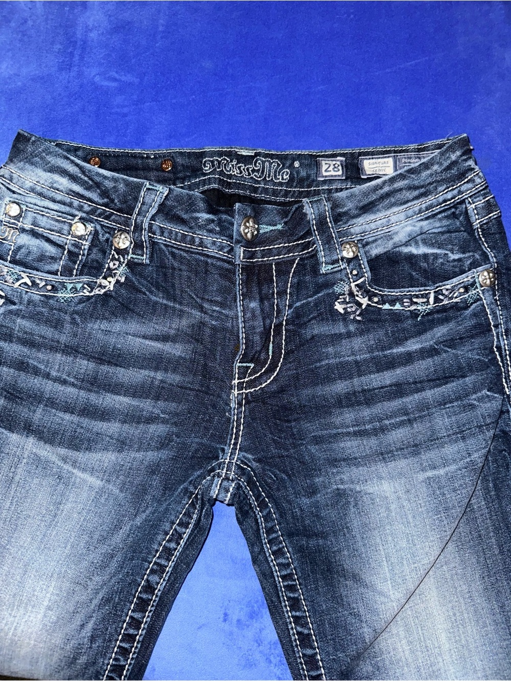 Miss Me Distressed Dark Wash Embellished Jeans - Blue